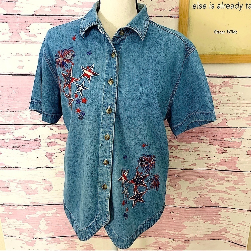 CABIN CREEK Denim Fireworks 4th of July Denim Top